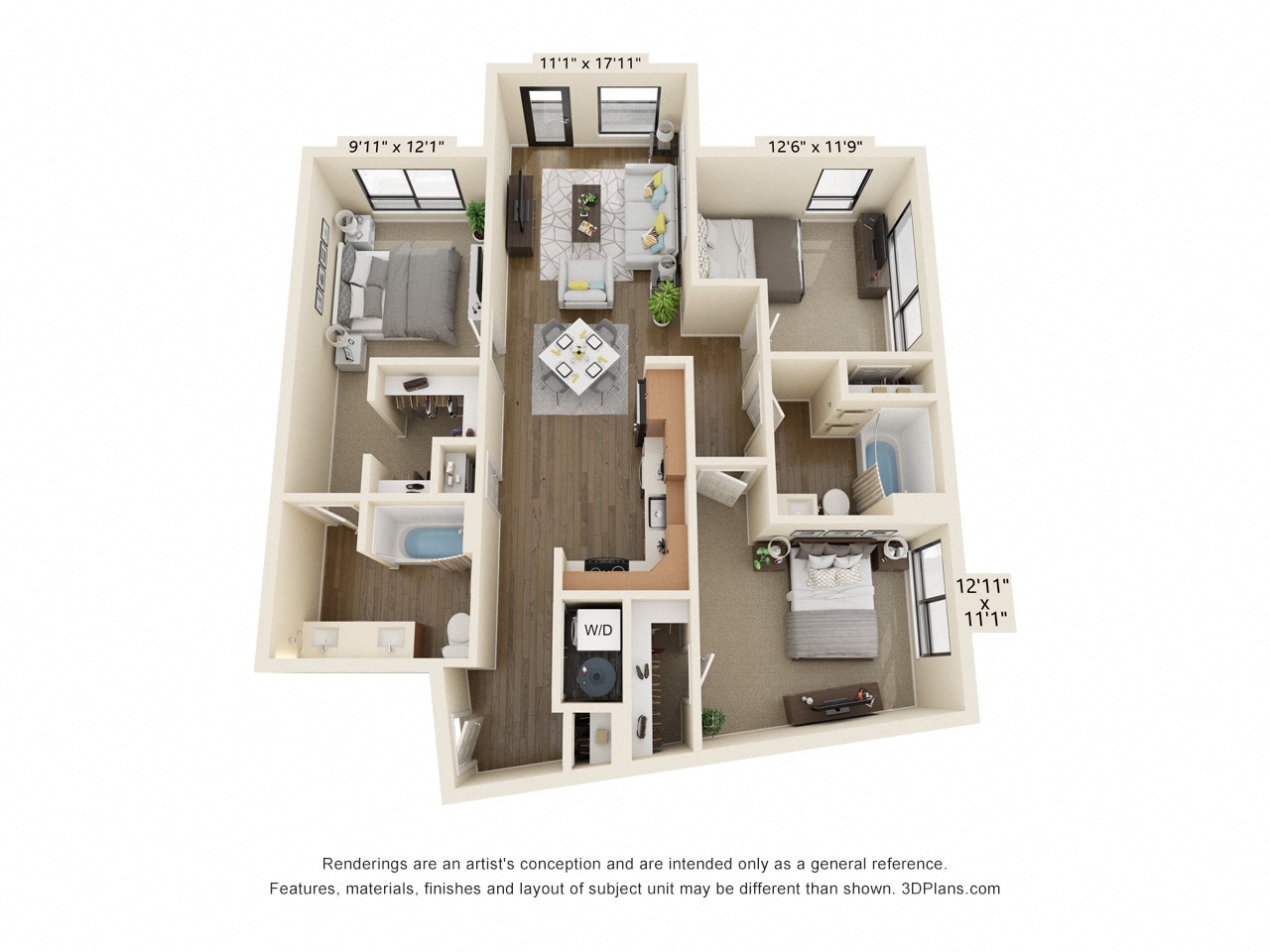 Floor plan for 3 beds, 2 baths, 1118 sqft